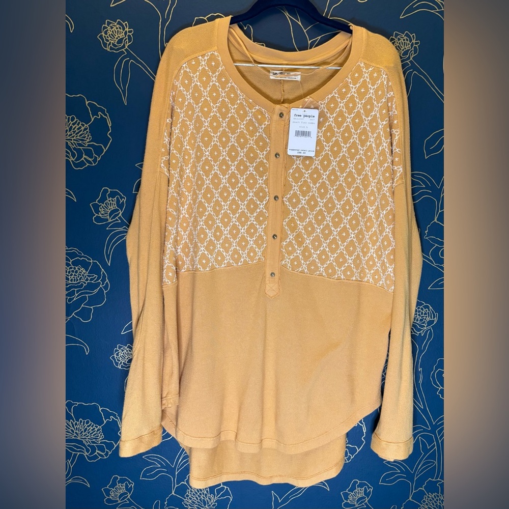 We The Free Mustard Yellow Henley Lace Panel Top
